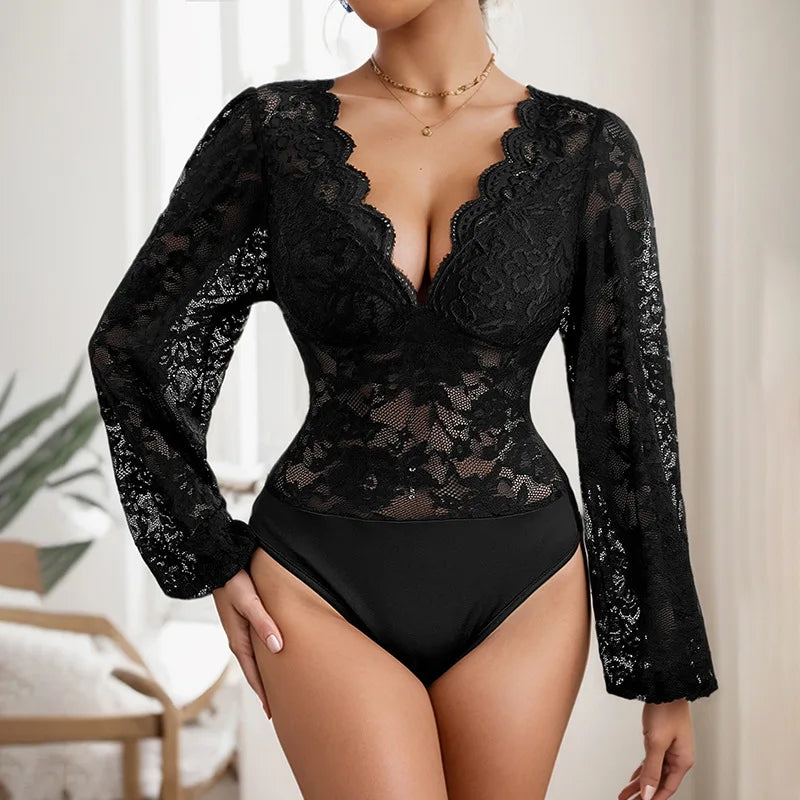 Lace Mesh V-neck Long Sleeve Bodysuit for Women Elegant Jumpsuit Autumn Winter Sexy Solid Color Bodysuits Slim Shapewear Outfits