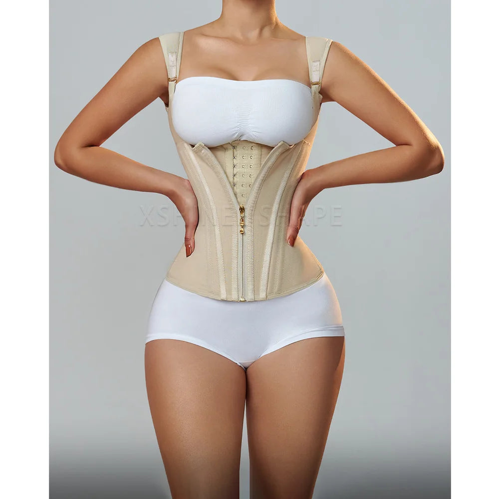 Fajas Colombianas High Compression Waist Trainer Corset with Bone Adjustable Hook-eyes and Zipper Flat Belly Shapewear