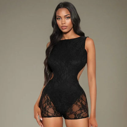 Lace Playsuit Backless Tight Shorts Hollow Jumpsuit Women Skinny Bodysuit Midnight Party Romper Sexy Lingerie Slim Fit Shapewear