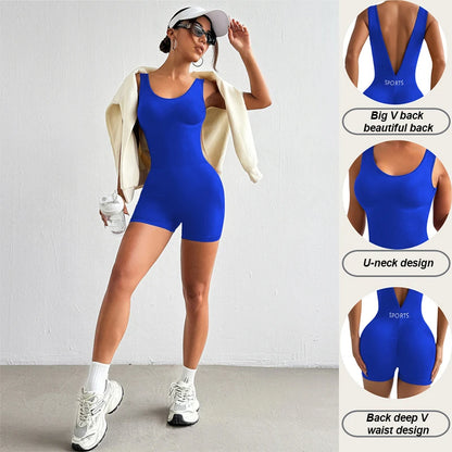 New Solid Color Deep V Backless Yoga Jumpsuit Sexy Tight Fitting Short Shapewear Fitness Clothes Women Bodysuit Women Clothes