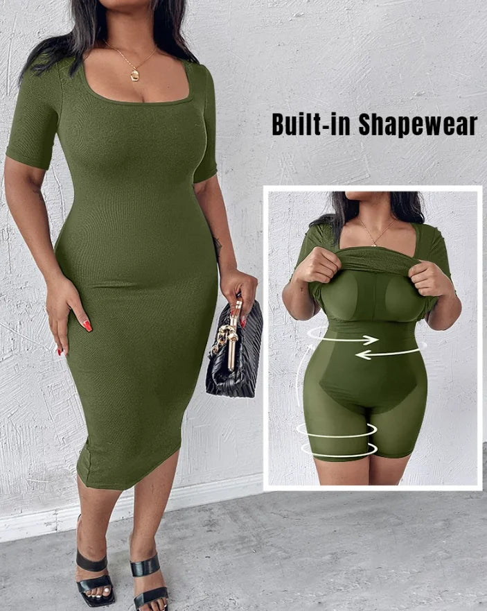 New Fashion 2024Summer Casual Built-In Shapewear Short Sleeve Square Neck Slim Fit Midi Dress Sexy Elegant Evening Party Dresses