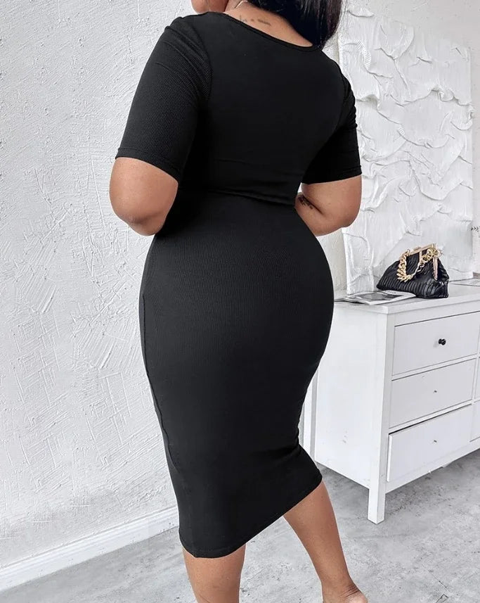 New Fashion 2024Summer Casual Built-In Shapewear Short Sleeve Square Neck Slim Fit Midi Dress Sexy Elegant Evening Party Dresses
