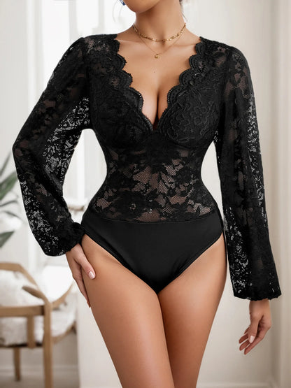 Lace Mesh V-neck Long Sleeve Bodysuit for Women Elegant Jumpsuit Autumn Winter Sexy Solid Color Bodysuits Slim Shapewear Outfits