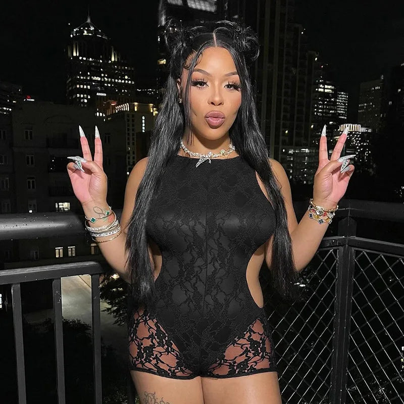 Lace Playsuit Backless Tight Shorts Hollow Jumpsuit Women Skinny Bodysuit Midnight Party Romper Sexy Lingerie Slim Fit Shapewear
