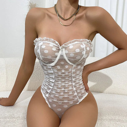 See Through Mesh Strapless Bodysuit for Women Lace Ruffle Trim Shapewear Sexy Lingerie Babydoll Ladies Fit Body Shaping Jumpsuit