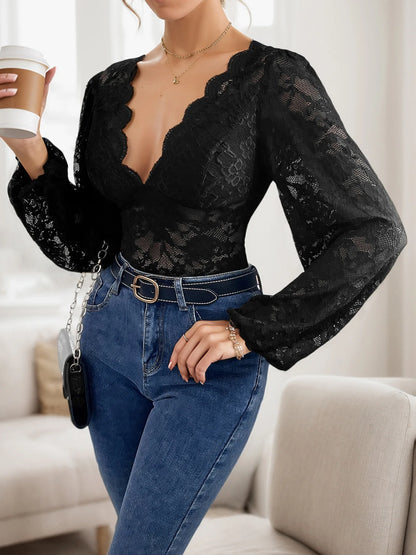 Lace Mesh V-neck Long Sleeve Bodysuit for Women Elegant Jumpsuit Autumn Winter Sexy Solid Color Bodysuits Slim Shapewear Outfits