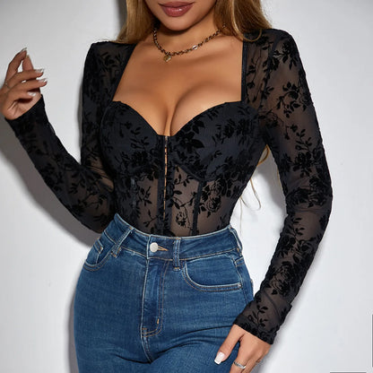 Sexy Printed Long Sleeves Shapewear Bodysuits For Women One Piece See Through Mesh Slim Jumpsuits Summer Female Fashion Clothing