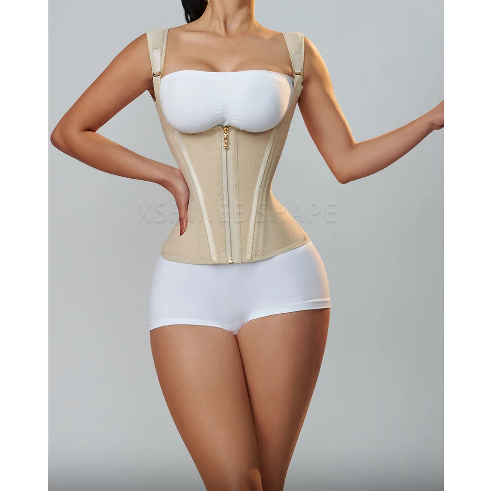 Fajas Colombianas High Compression Waist Trainer Corset with Bone Adjustable Hook-eyes and Zipper Flat Belly Shapewear