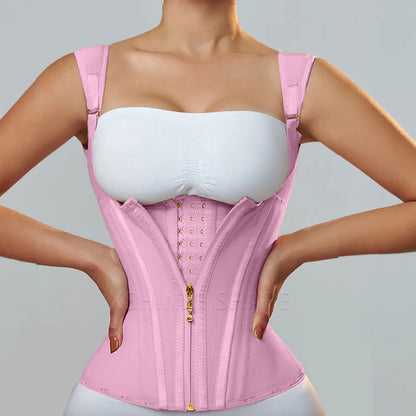 Fajas Colombianas High Compression Waist Trainer Corset with Bone Adjustable Hook-eyes and Zipper Flat Belly Shapewear