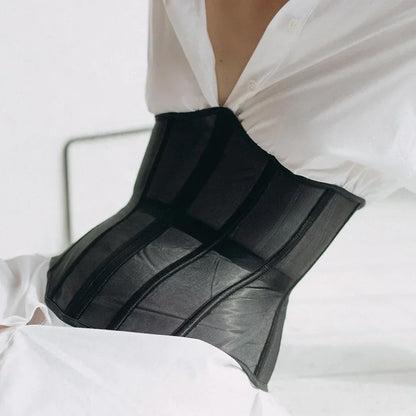 Boned Waist Cincher Shapewear for Weddings Going Out Sexy Strapless Underbust Corset Sheer Mesh Overbust Top Belt for Women
