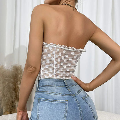 See Through Mesh Strapless Bodysuit for Women Lace Ruffle Trim Shapewear Sexy Lingerie Babydoll Ladies Fit Body Shaping Jumpsuit