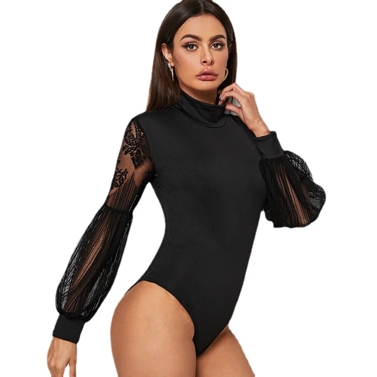 Elegant Women Shapewear Bodysuits Sexy See-through Lace Mesh Long Sleeve Jumpsuit Thongs Slim Fashion One Piece Onesie Nightclub