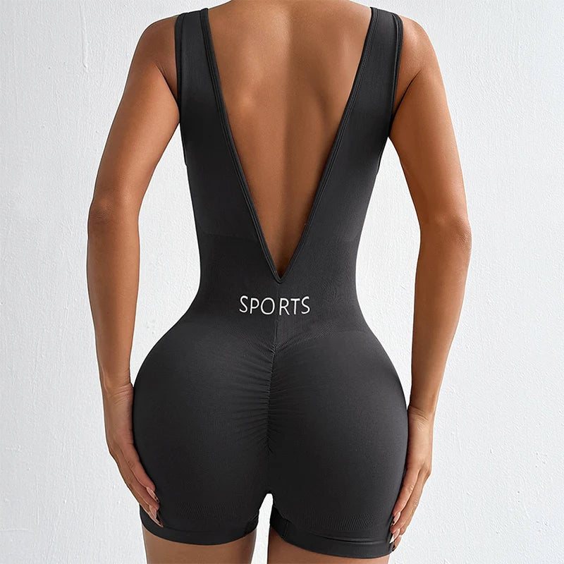 New Solid Color Deep V Backless Yoga Jumpsuit Sexy Tight Fitting Short Shapewear Fitness Clothes Women Bodysuit Women Clothes