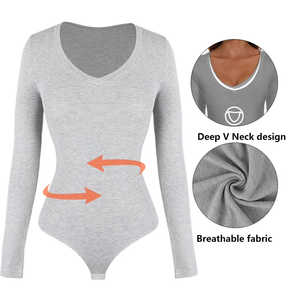 Deep V Neck Bodysuit Women's Long Sleeved Shapewear Shaper Lady Sexy Going Out Tops Body Suits Female Warm Clothes Autumn Winter