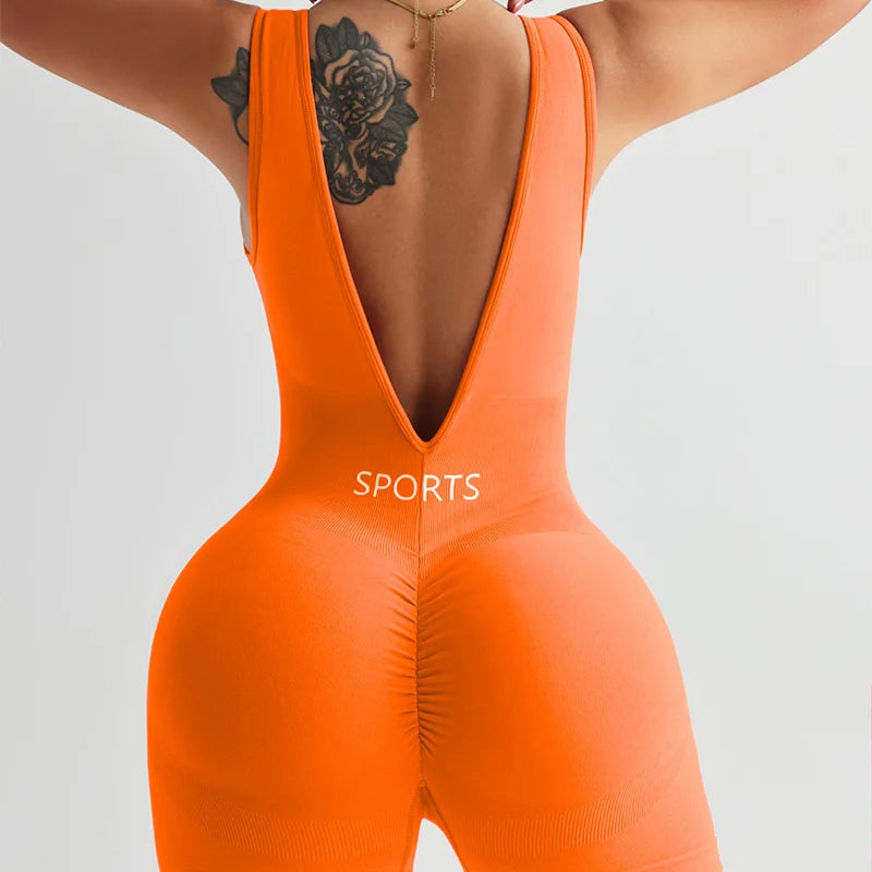 New Solid Color Deep V Backless Yoga Jumpsuit Sexy Tight Fitting Short Shapewear Fitness Clothes Women Bodysuit Women Clothes