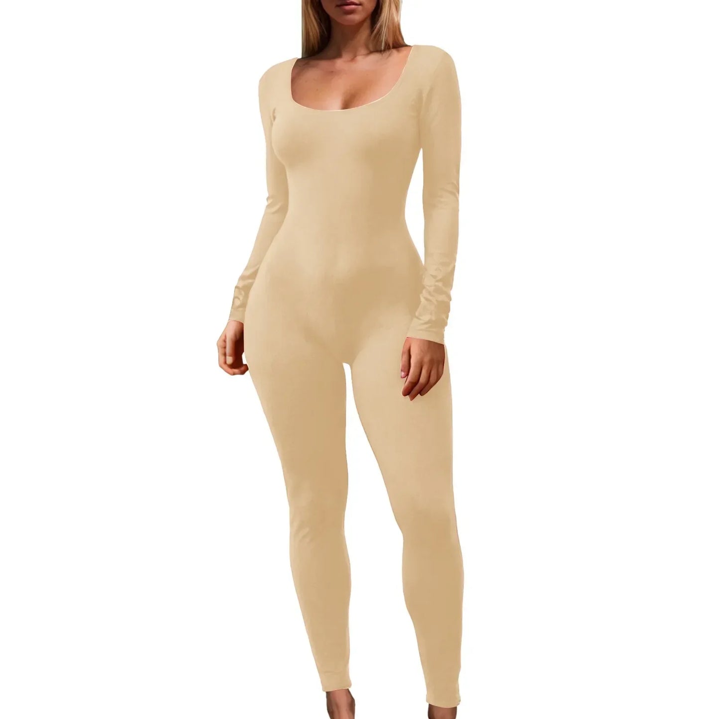 Soild Autumn Jumpsuits For Women Fashion Shapewear Bodysuit Yoga Jumpsuits Workout Ribbed Long Sleeve Sport Jumpsuit