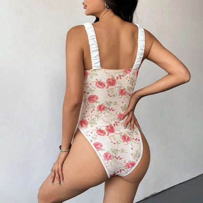 Printed Mesh Camisole Jumpsuits Bodysuit Summer Women Sexy Sleeveless Corset Thongs Shapewear Fashion Slim Outfits Sexy Lingerie
