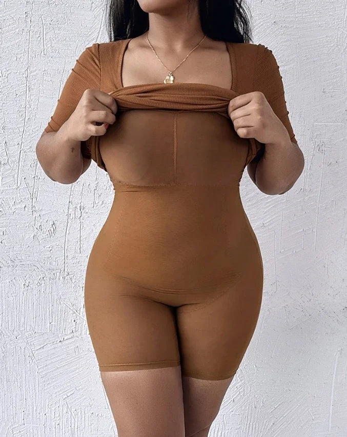 New Fashion 2024Summer Casual Built-In Shapewear Short Sleeve Square Neck Slim Fit Midi Dress Sexy Elegant Evening Party Dresses