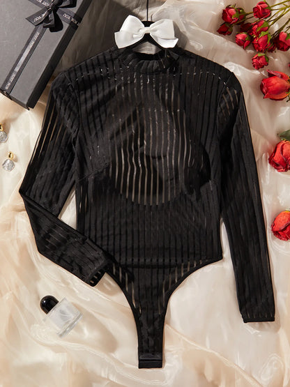 See Through Mesh Long Sleeve Bodysuit Women Sexy Backless One Piece Jumpsuit Thongs Fashion Costume Romper Slim Fitted Shapewear