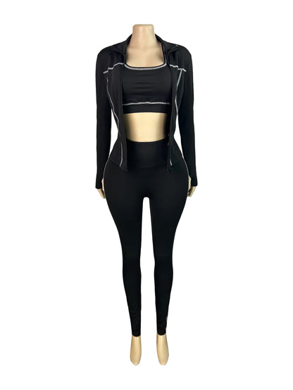 Weird Puss Casual 3 Piece Set Women Tracksuit Elastic Vest+Zip Jacket+Leggings Matching Street Sporty Fitness Street Shapewear