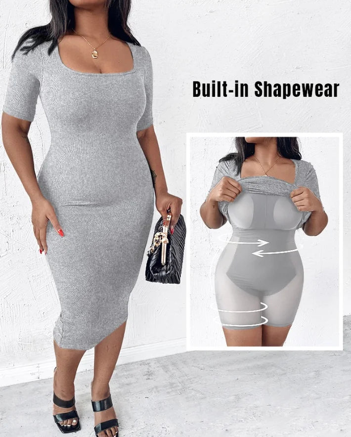 New Fashion 2024Summer Casual Built-In Shapewear Short Sleeve Square Neck Slim Fit Midi Dress Sexy Elegant Evening Party Dresses