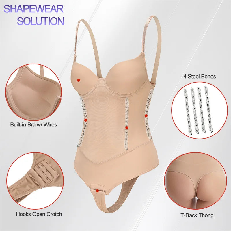 Sexy Built-in Bra Thongs Bodysuit Shapewear Women Mesh Body Shaper with 4 Steel Bones Slim Tummy Control Underwear Mesh Corset