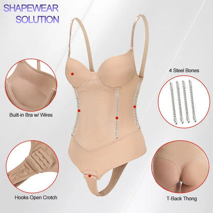 Sexy Built-in Bra Thongs Bodysuit Shapewear Women Mesh Body Shaper with 4 Steel Bones Slim Tummy Control Underwear Mesh Corset