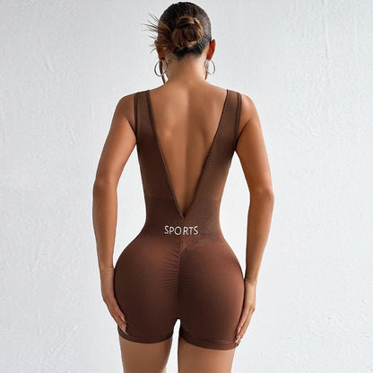 New Solid Color Deep V Backless Yoga Jumpsuit Sexy Tight Fitting Short Shapewear Fitness Clothes Women Bodysuit Women Clothes