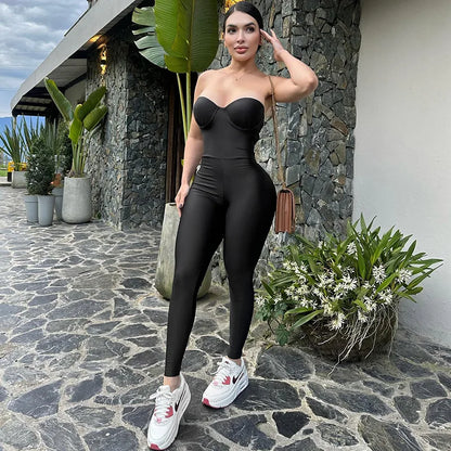 Backless Tight Jumpsuit Sexy Women Bare Shoulder Bodysuit Overalls Summer Fashion Midnight Party Clubwear Slim Rompers Shapewear