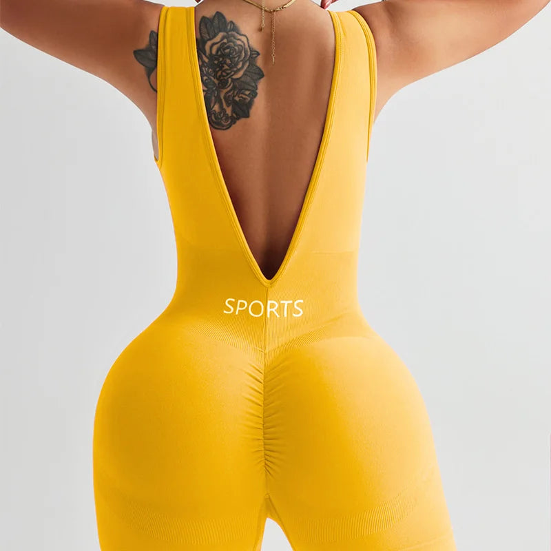 New Solid Color Deep V Backless Yoga Jumpsuit Sexy Tight Fitting Short Shapewear Fitness Clothes Women Bodysuit Women Clothes
