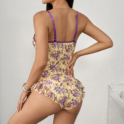 Floral Printed Bodysuit Women Sexy Corset Top Ruffled Edges Bodycon Shapewear Halter Tank Jumpsuit Night Club Party Leotard Tops