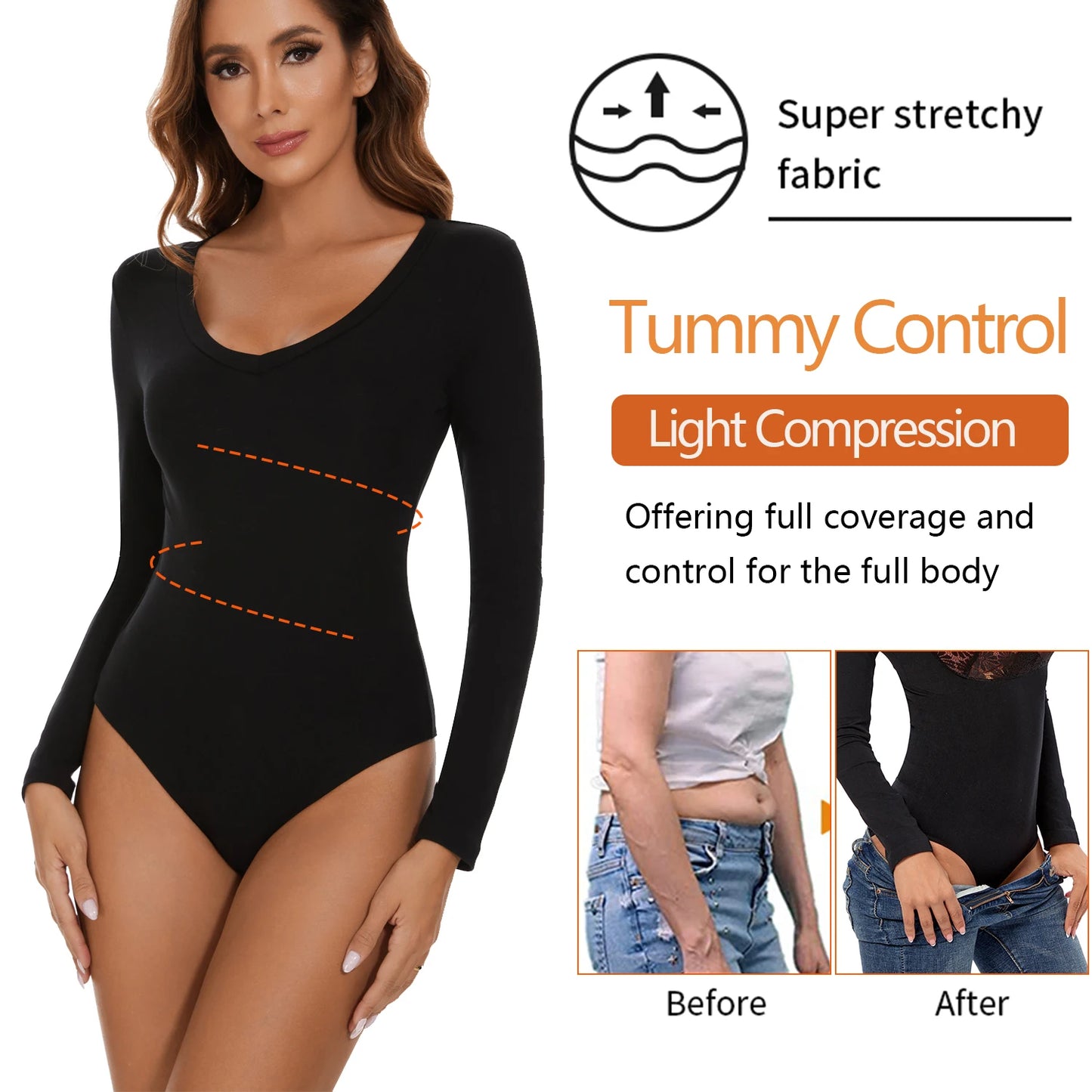 Deep V Neck Bodysuit Women's Long Sleeved Shapewear Shaper Lady Sexy Going Out Tops Body Suits Female Warm Clothes Autumn Winter