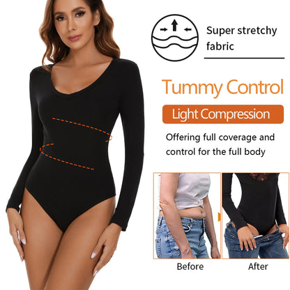 Deep V Neck Bodysuit Women's Long Sleeved Shapewear Shaper Lady Sexy Going Out Tops Body Suits Female Warm Clothes Autumn Winter