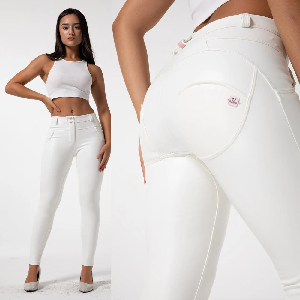 Melody Wear White Leather Jeans Tight Jeggings Girls Wearing Pants Mid Waisted Best Shapewear for Big Hips Stretch Trousers