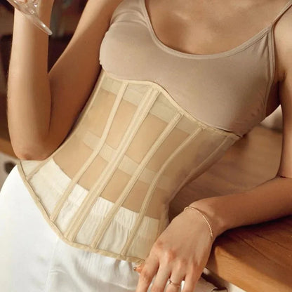 Boned Waist Cincher Shapewear for Weddings Going Out Sexy Strapless Underbust Corset Sheer Mesh Overbust Top Belt for Women