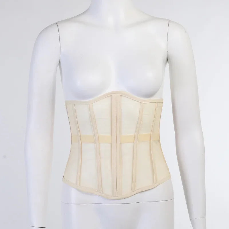 Boned Waist Cincher Shapewear for Weddings Going Out Sexy Strapless Underbust Corset Sheer Mesh Overbust Top Belt for Women