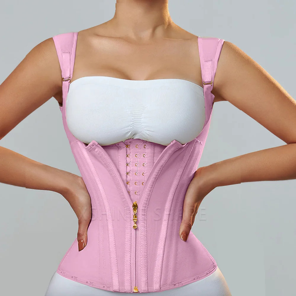 Fajas Colombianas High Compression Waist Trainer Corset with Bone Adjustable Hook-eyes and Zipper Flat Belly Shapewear