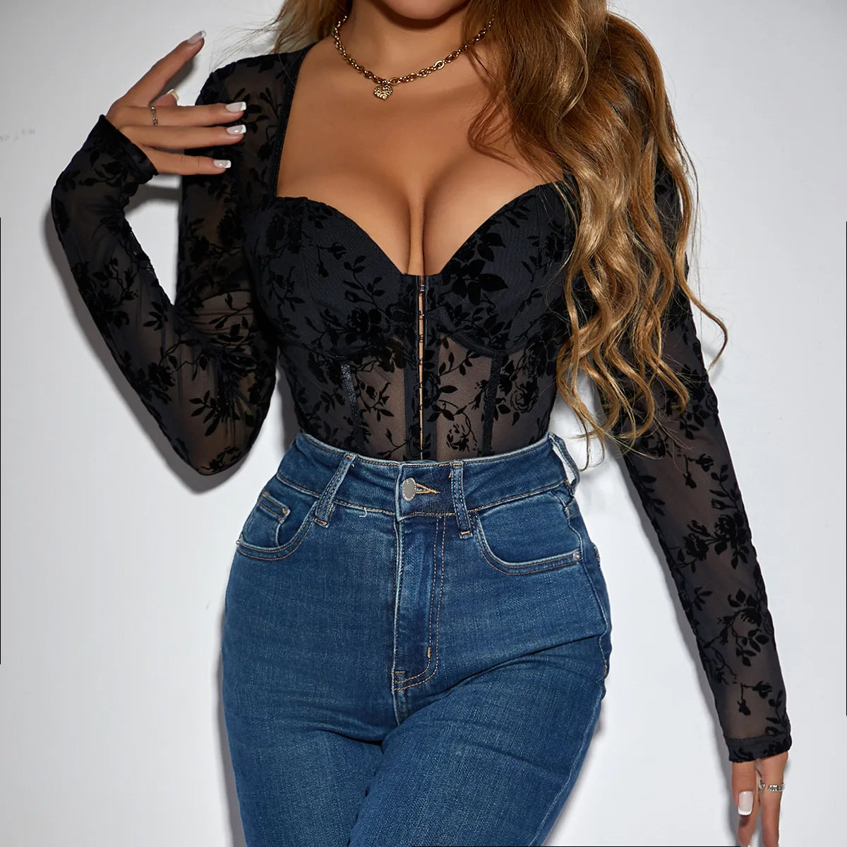 Sexy Printed Long Sleeves Shapewear Bodysuits For Women One Piece See Through Mesh Slim Jumpsuits Summer Female Fashion Clothing