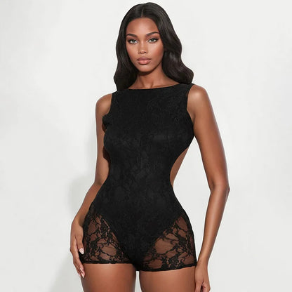 Lace Playsuit Backless Tight Shorts Hollow Jumpsuit Women Skinny Bodysuit Midnight Party Romper Sexy Lingerie Slim Fit Shapewear