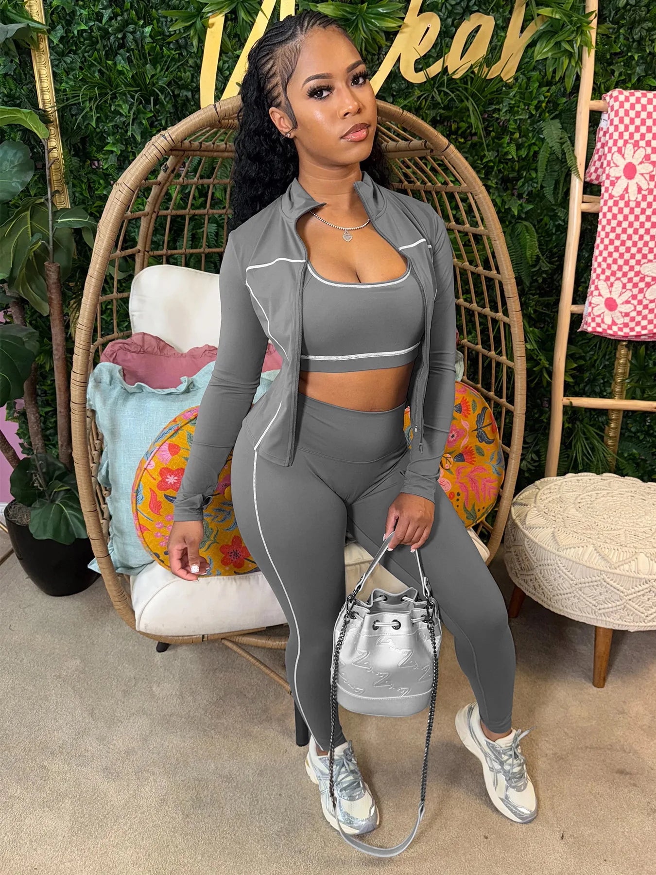 Weird Puss Casual 3 Piece Set Women Tracksuit Elastic Vest+Zip Jacket+Leggings Matching Street Sporty Fitness Street Shapewear