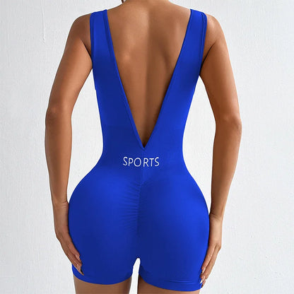 New Solid Color Deep V Backless Yoga Jumpsuit Sexy Tight Fitting Short Shapewear Fitness Clothes Women Bodysuit Women Clothes