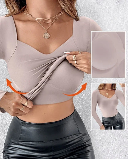 Long Sleeve Women's Casual V Neck Shapewear Seamless Tank High Strechy Slim Tops 2025 Spring Fashion Female Skinny Blouse Tee