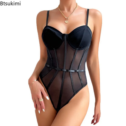 New 2025 Solid Color See-through Design Hottie Style Sexy Net Bodysuit Halter Shapewear Top Bodyshaper Jumpsuit Thongs Corset