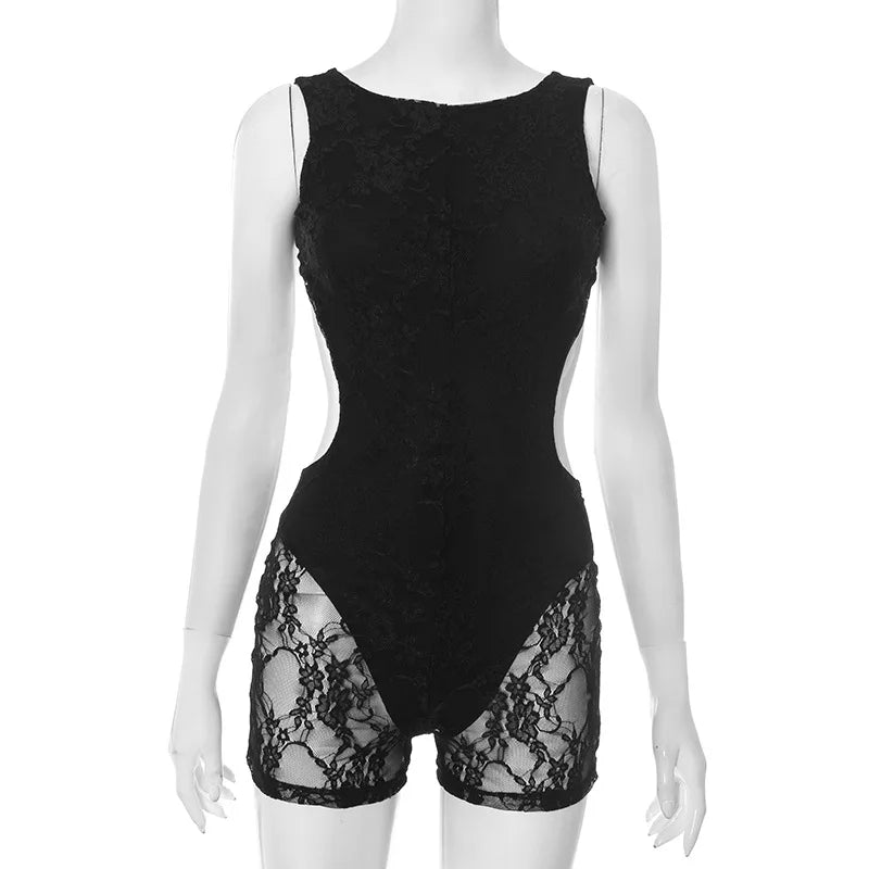 Lace Playsuit Backless Tight Shorts Hollow Jumpsuit Women Skinny Bodysuit Midnight Party Romper Sexy Lingerie Slim Fit Shapewear