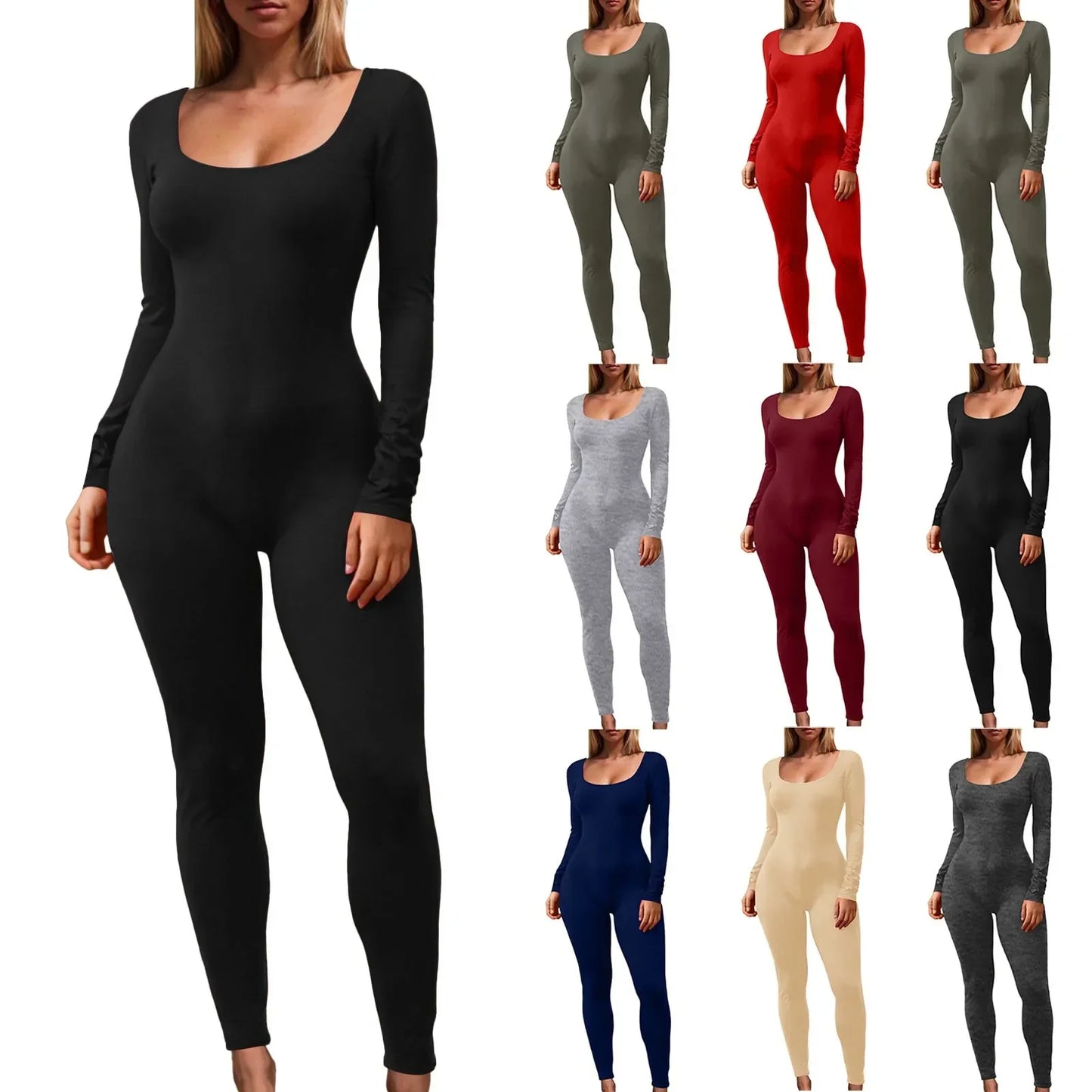Soild Autumn Jumpsuits For Women Fashion Shapewear Bodysuit Yoga Jumpsuits Workout Ribbed Long Sleeve Sport Jumpsuit