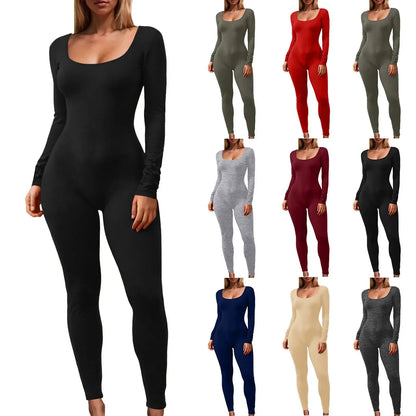 Soild Autumn Jumpsuits For Women Fashion Shapewear Bodysuit Yoga Jumpsuits Workout Ribbed Long Sleeve Sport Jumpsuit