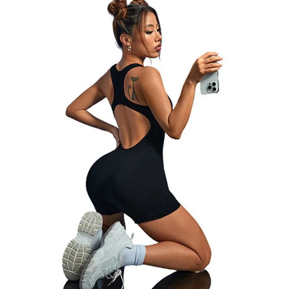 Women's Open Back Shapewear Bodysuit Square Neck Tummy Control Workout Yoga Rompers For Women