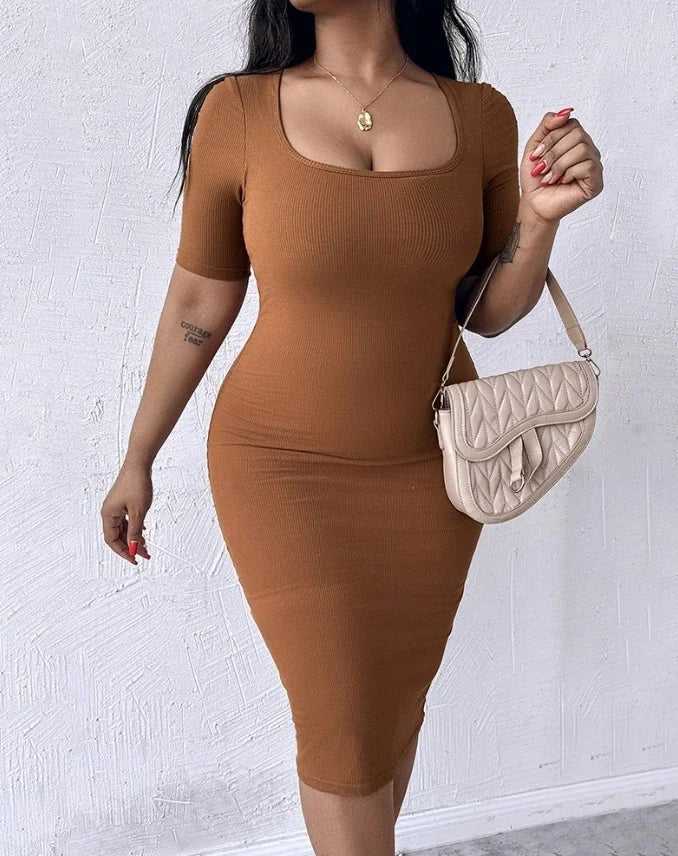 New Fashion 2024Summer Casual Built-In Shapewear Short Sleeve Square Neck Slim Fit Midi Dress Sexy Elegant Evening Party Dresses