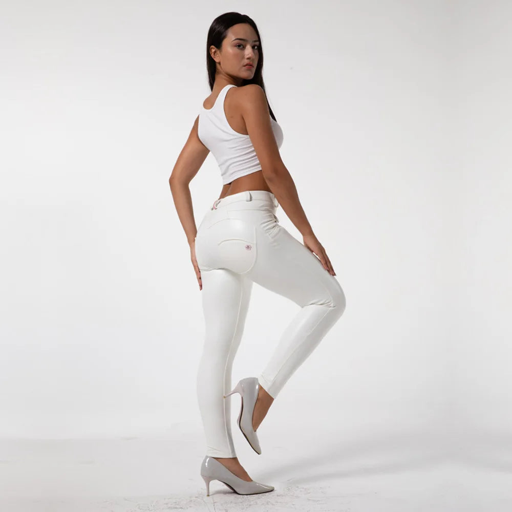 Melody Wear White Leather Jeans Tight Jeggings Girls Wearing Pants Mid Waisted Best Shapewear for Big Hips Stretch Trousers