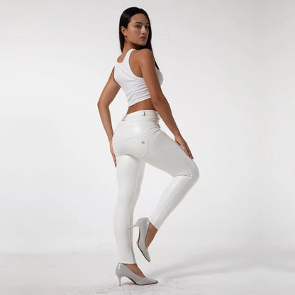 Melody Wear White Leather Jeans Tight Jeggings Girls Wearing Pants Mid Waisted Best Shapewear for Big Hips Stretch Trousers